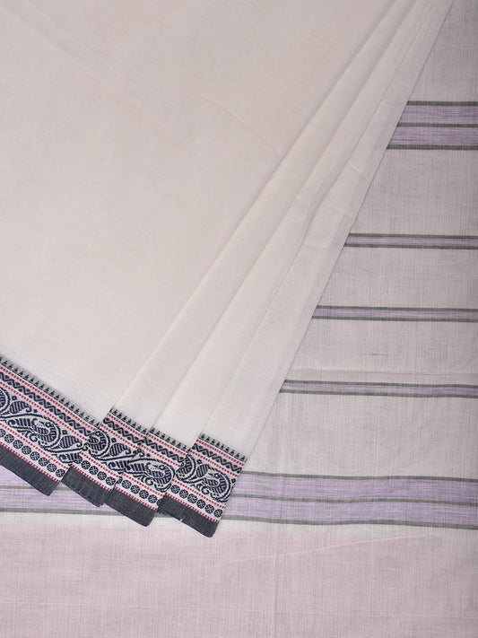 White Kanchipuram Cotton Saree with Strips Pallu Design k0786