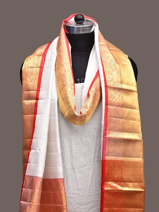 White Kanchipuram Silk Handloom Plain Dupatta with Border Design ds2255