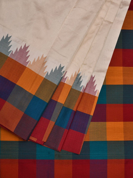 White Kanchipuram Silk Handloom Saree with Checks Border and Pallu Design k0516