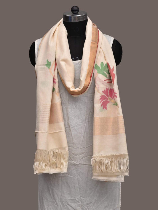 White Khadi Cotton Handloom Dupatta with Flowers Design ds2252