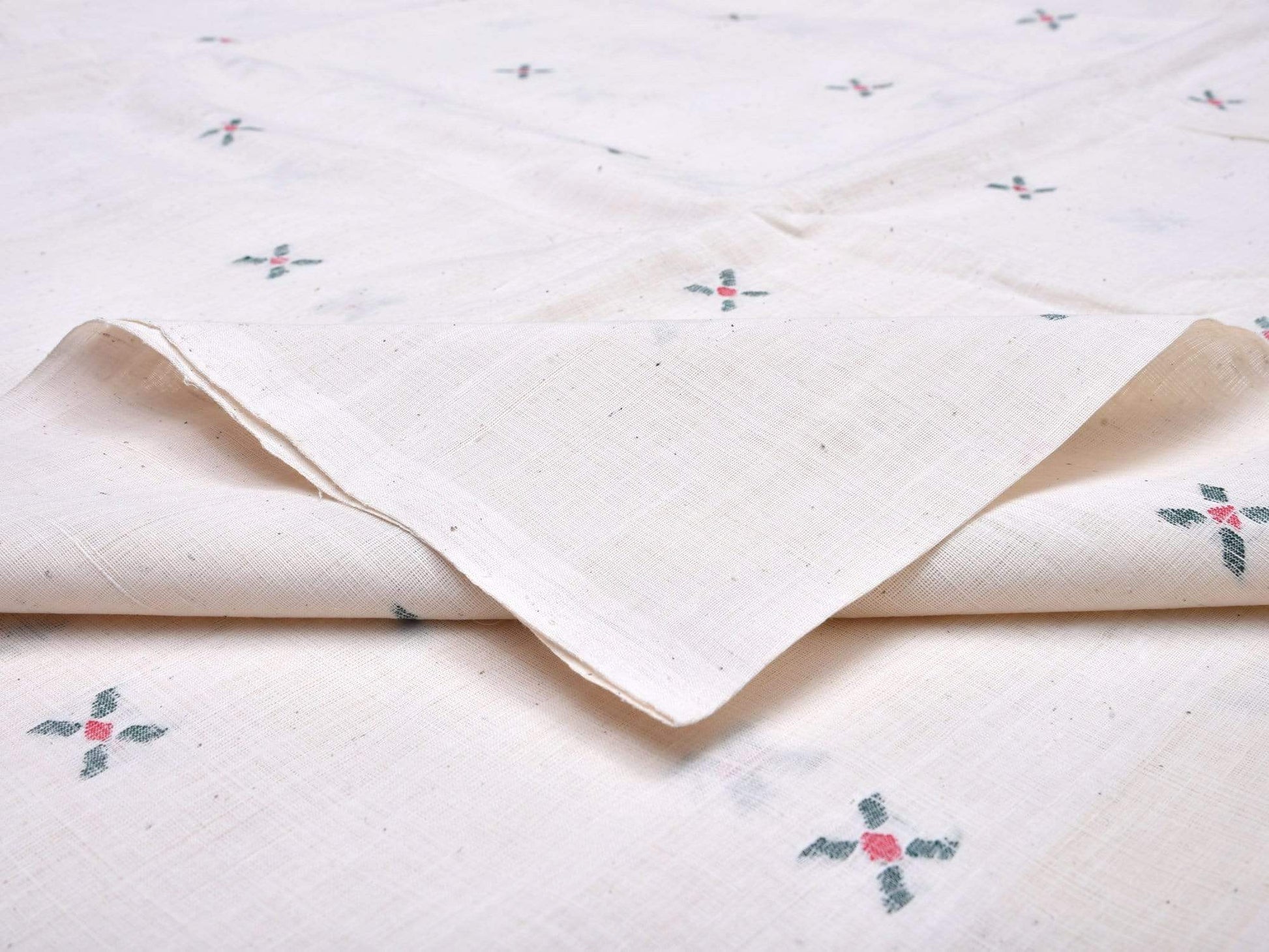 White Khadi Cotton Handloom Fabric With X Buta Design Without Border F0033