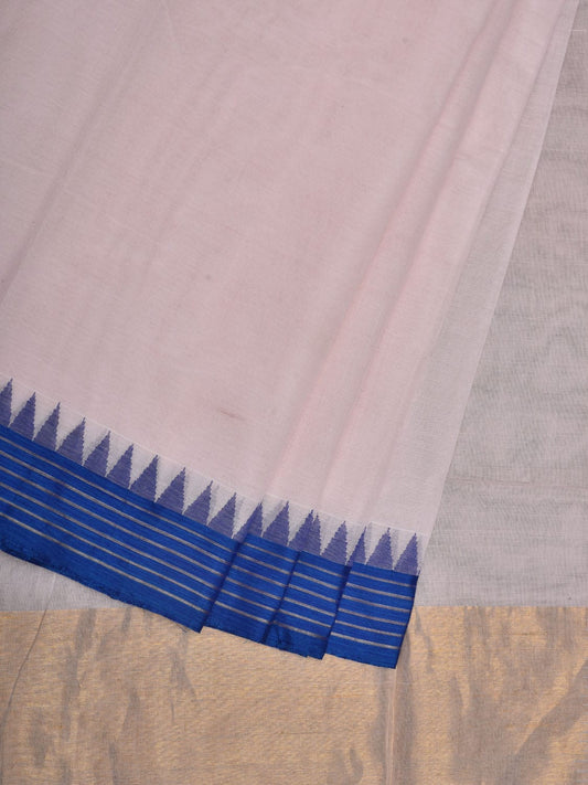 White Khadi Cotton Handloom Plain Saree with Strips and Temple Border Design kh0576