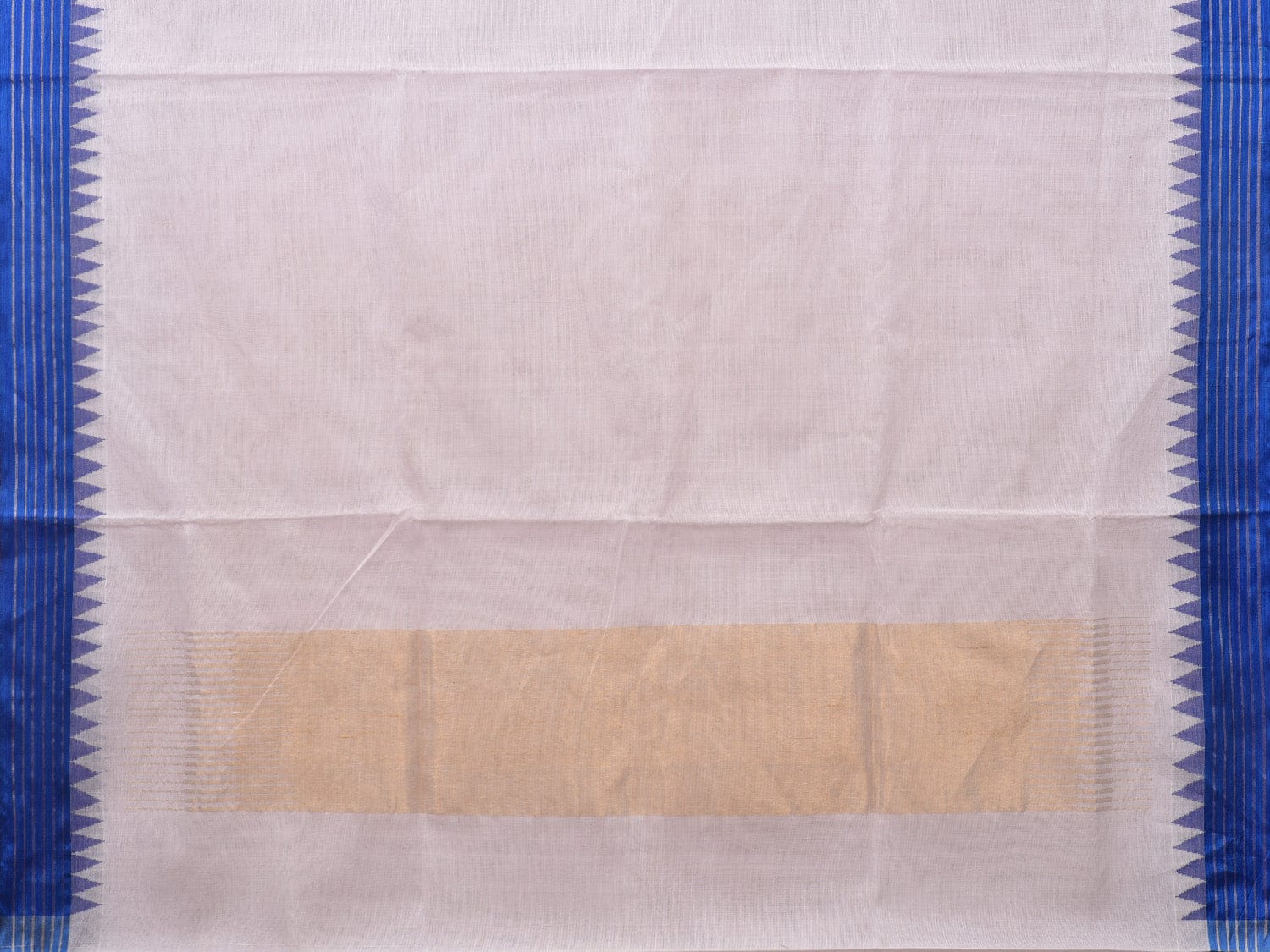 White Khadi Cotton Handloom Plain Saree with Strips and Temple Border Design kh0576