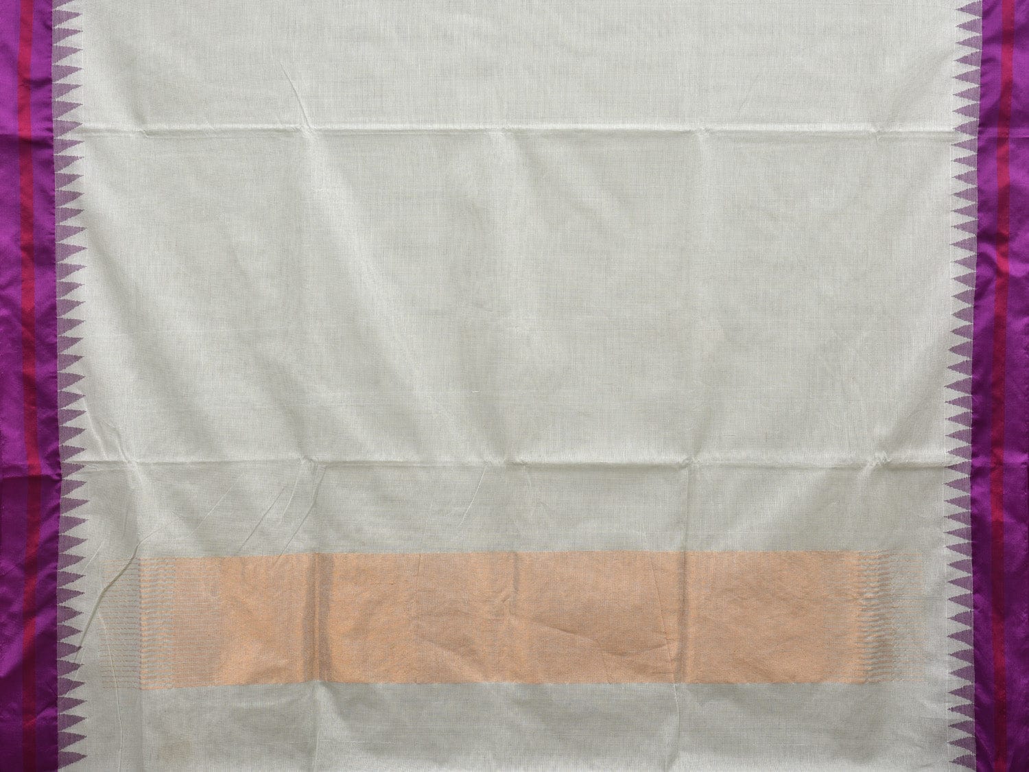 White Khadi Cotton Handloom Plain Saree with Temple Border Design kh0557