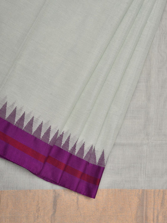 White Khadi Cotton Handloom Plain Saree with Temple Border Design kh0557