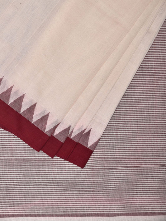 White Khadi Cotton Handloom Plain Saree with Temple Border Design kh0612