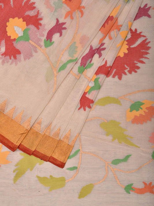 White Khadi Cotton Handloom Saree with All Over Floral Design kh0693