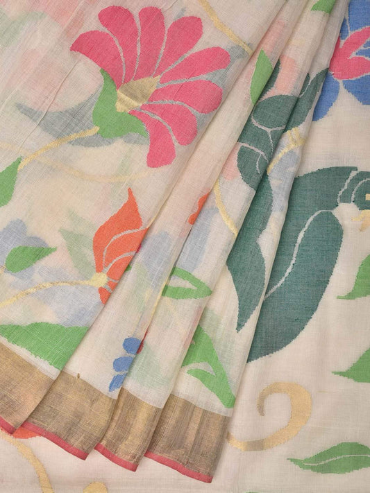 White Khadi Cotton Handloom Saree with All Over Flowers and Paoort Design kh0518