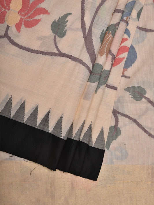 White Khadi Cotton Handloom Saree with All Over Peacocks and Lotus Flowers Design No Blouse kh0540