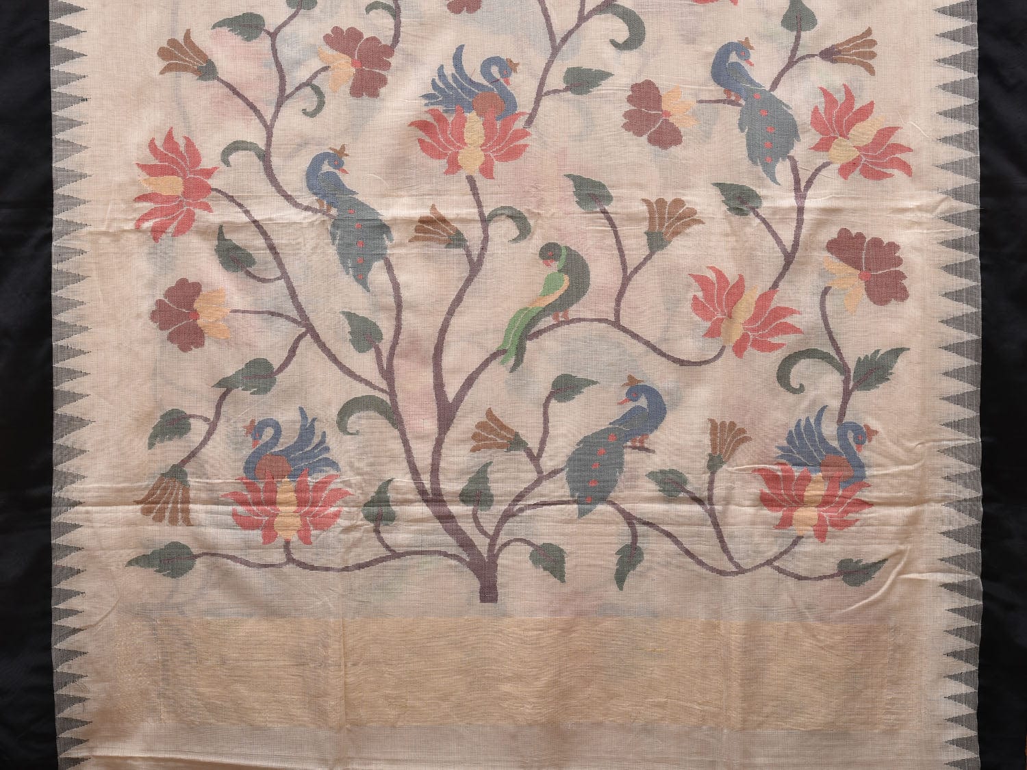 White Khadi Cotton Handloom Saree with All Over Peacocks and Lotus Flowers Design No Blouse kh0540