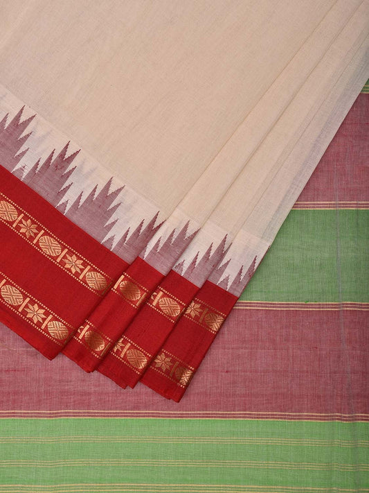 White Khadi Cotton Handloom Saree with Ganga-Jamuna Big Temple Border kh0686