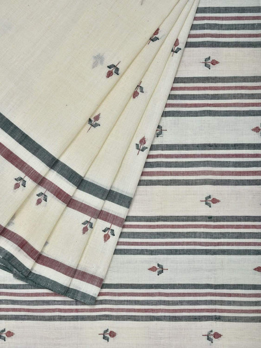 White Khadi Cotton Handloom Saree with Jamdani Buta Design Kh0444