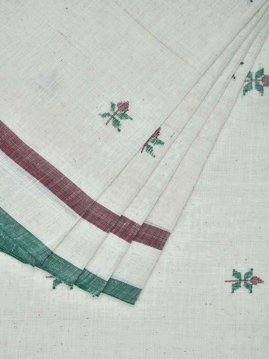 White Khadi Cotton Handloom Saree with Small Jamdani Buta Design kh0351