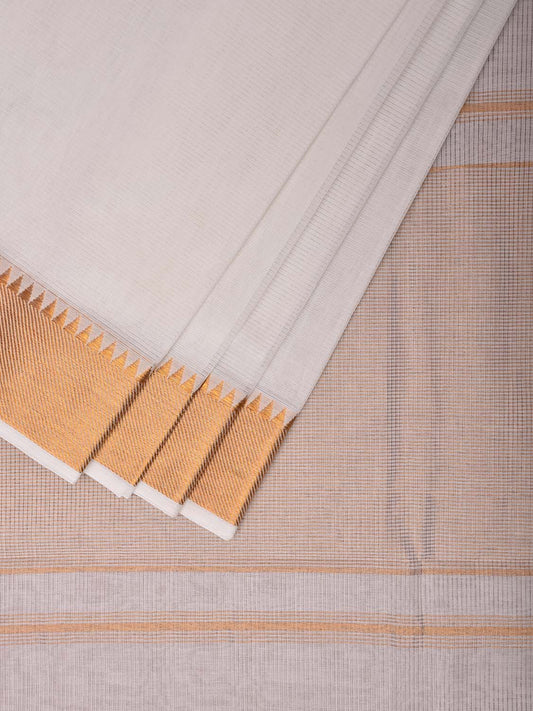 White Mangalgiri Cotton Handloom Saree with Strips and Zari Border Design No Blouse mn0078