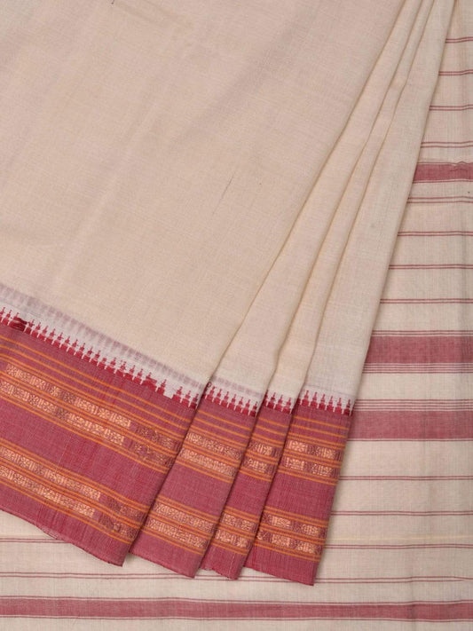 White Narayanpet Cotton Handloom Plain Saree with Traditional Border Design np0458