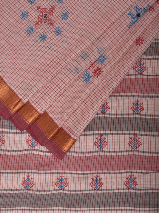 White Narayanpet Cotton Handloom Saree with Kasuti Work and Checks Design o0644