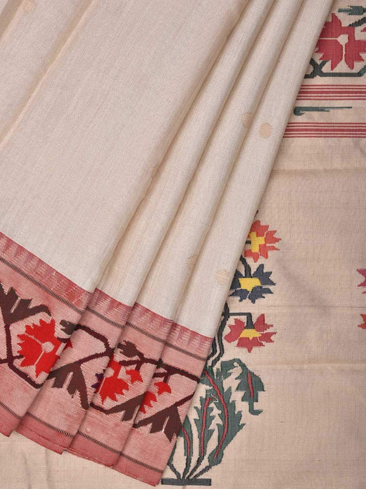 White Paithani Cotton Handloom Saree with Ashavali Border Design p0363