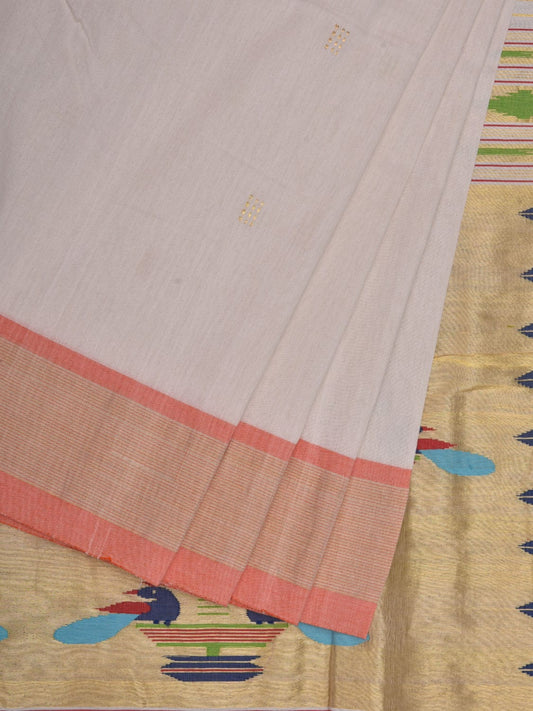 White Paithani Cotton Handloom Saree with Double Pallu Design p0459