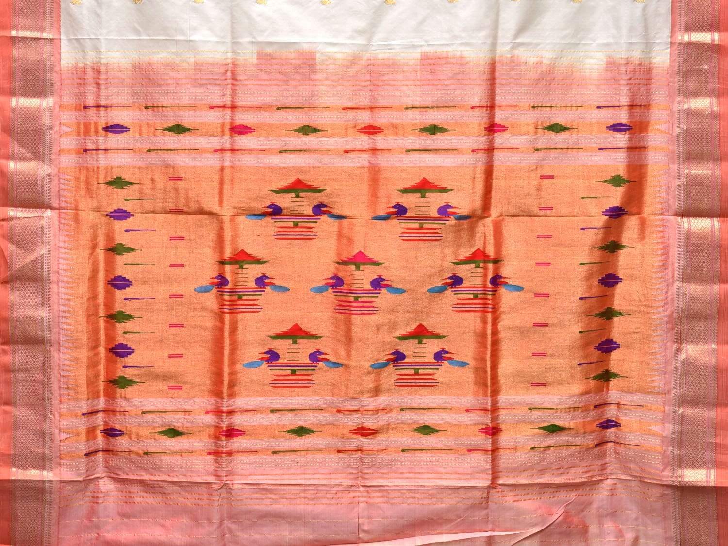 White Paithani Silk Handloom Saree with Double Pallu Design p0354