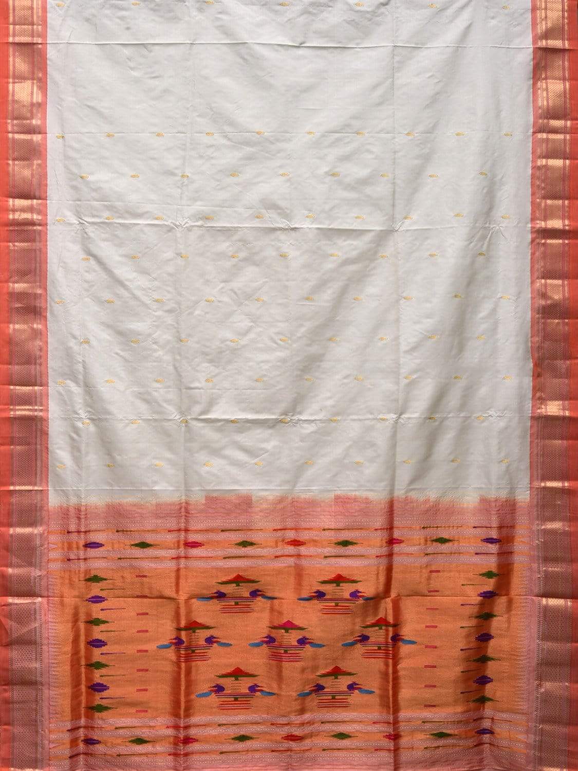 White Paithani Silk Handloom Saree with Double Pallu Design p0354