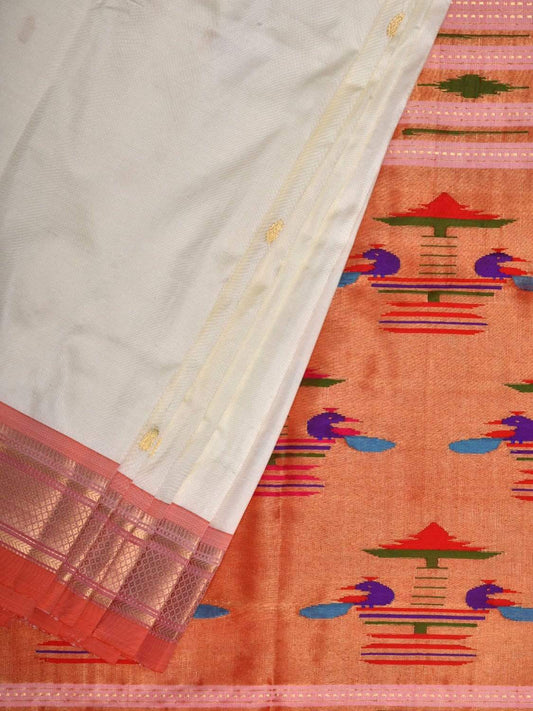 White Paithani Silk Handloom Saree with Double Pallu Design p0354