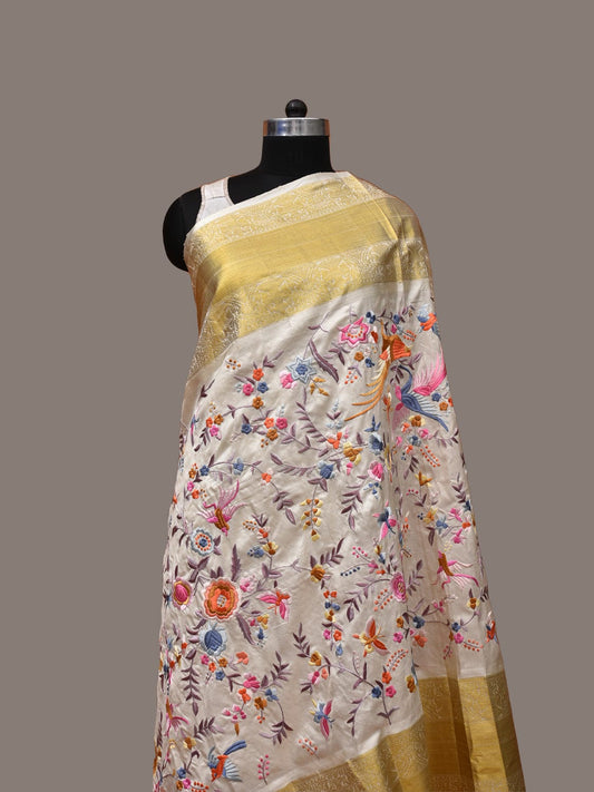 White Parsi Gara Handwork Kanchipuram Silk Handloom Dupatta with Border Design ds3290