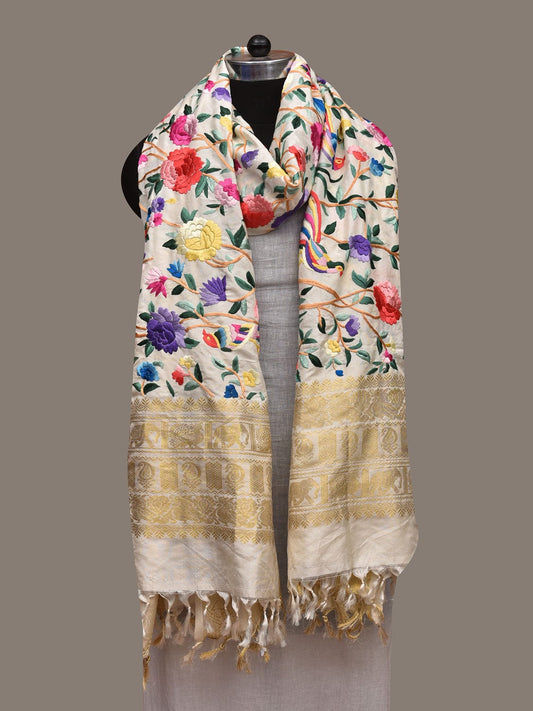 White Parsi Gara Kanchipuram Silk Handloom Dupatta Birds and Floral Design ds3000