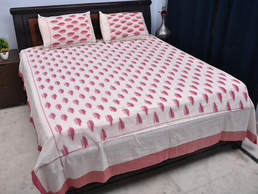 White Pochampally Ikat Cotton Handloom Bedsheet with Body Buta Design 90 x 108 Inches bd0052