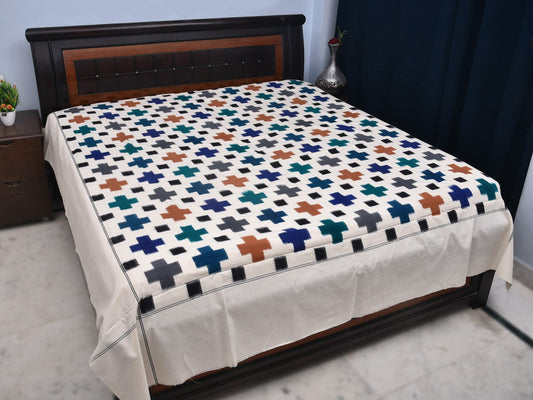 White Pochampally Ikat Cotton Handloom Bedsheet with Plus Buta Design 90 x 108 Inches No Pillow Covers bd0058