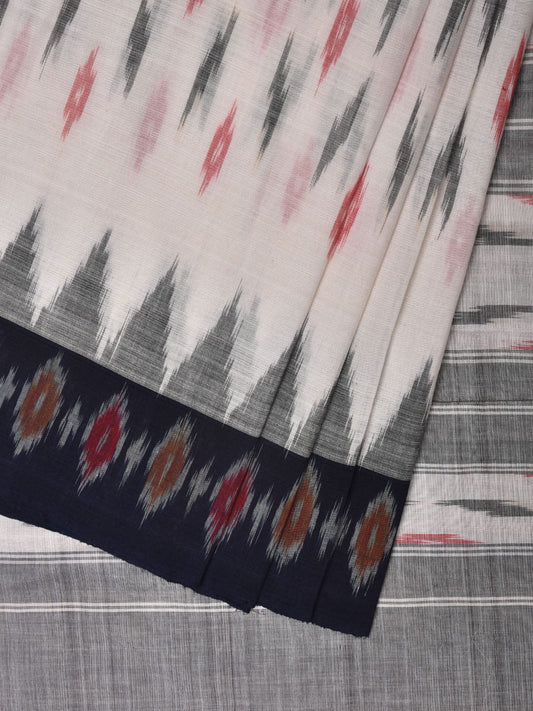 White Pochampally Ikat Cotton Handloom Saree with Temple Border Design No Blouse i0822