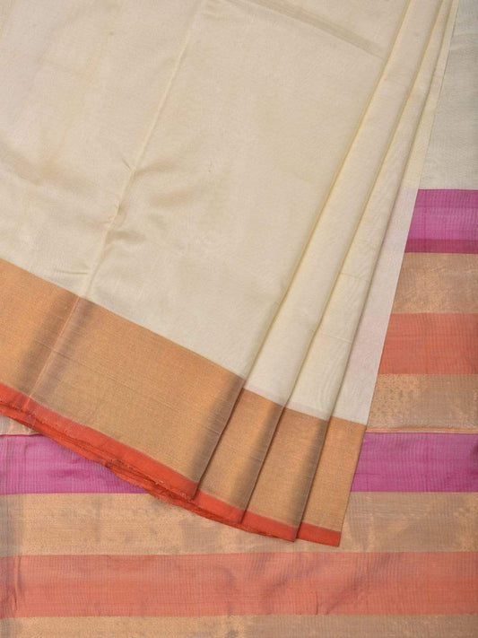White Uppada Silk Handloom Plain Saree with Strips Pallu Design u1788