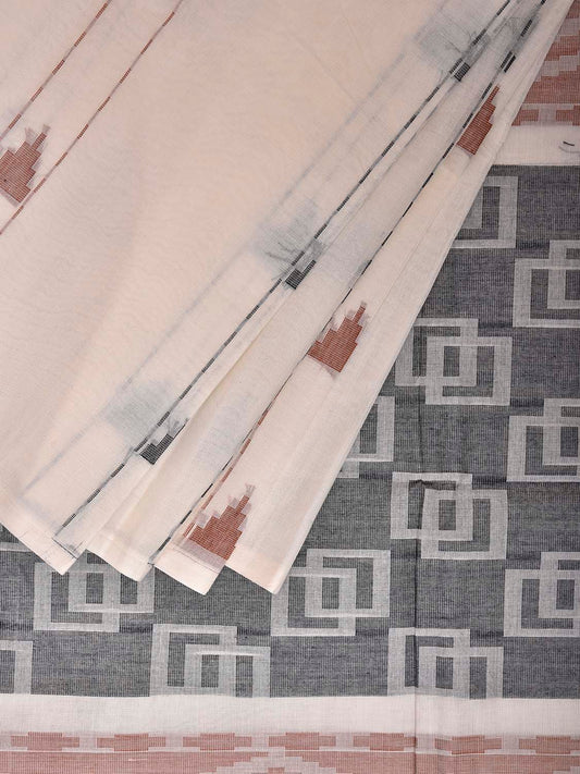 White Venkatagiri Cotton Saree with Arrow Head Buta and Pallu Design v0145