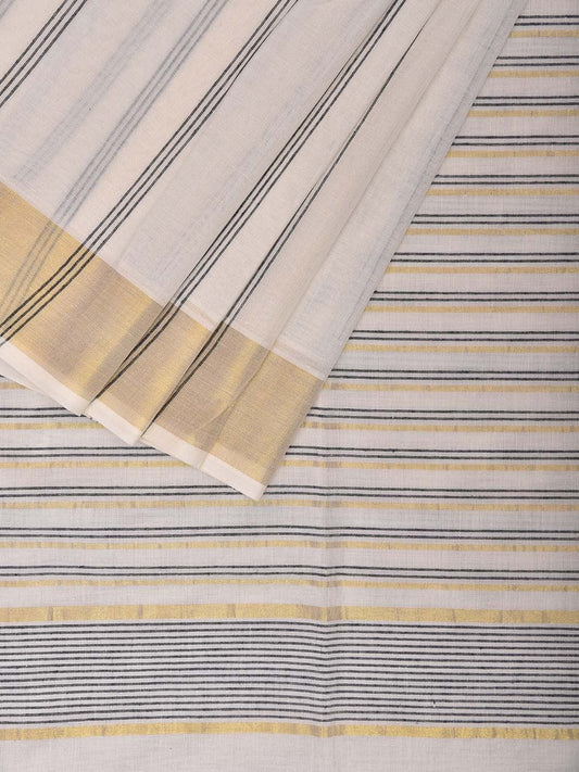 White Venkatagiri Cotton Saree with Strips Body and Pallu Design v0097