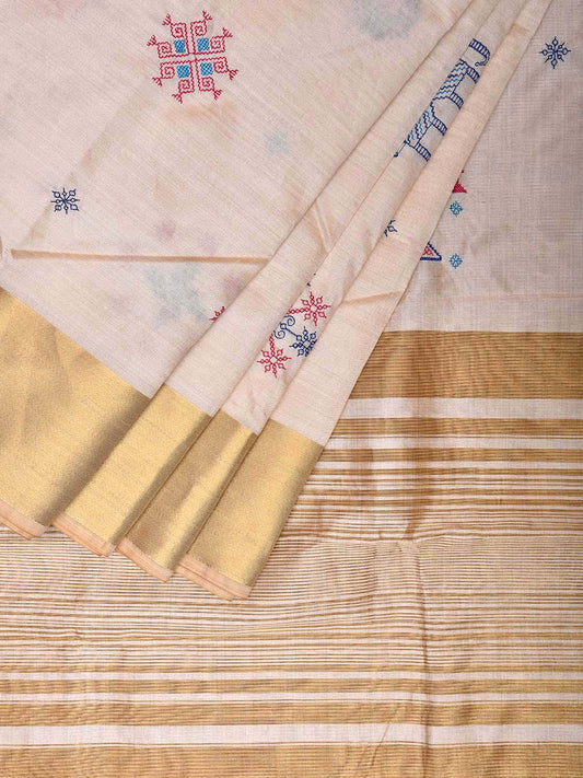 White Viscose Silk Saree with Kasuti Work and Strips Pallu Design o0585