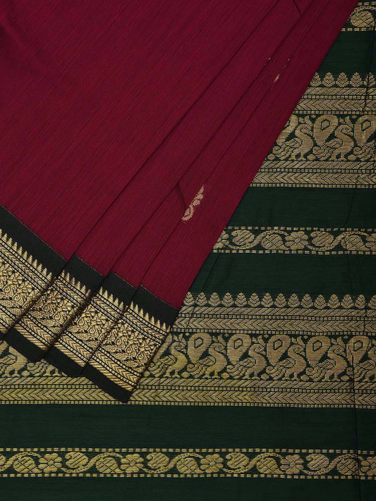 Wine and Green Gadwal Cotton Saree with Pallu and Border Design g0433