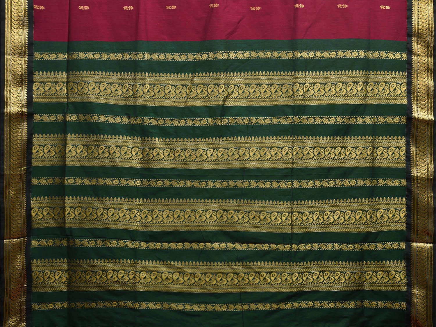 Wine and Green Gadwal Cotton Saree with Pallu and Border Design g0433