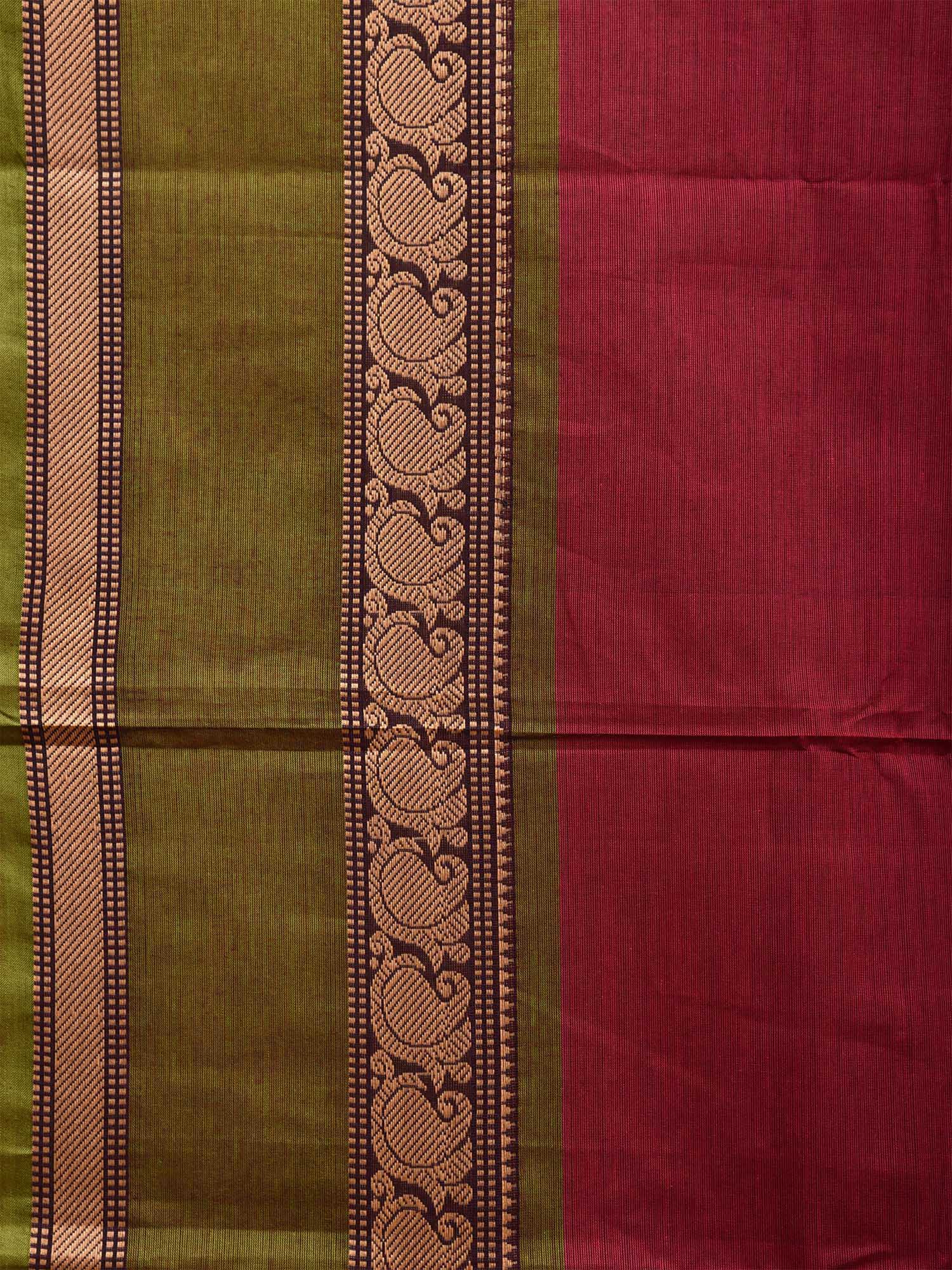 Wine and Green Kanchipuram 80s Cotton Plain Saree with Mango Border Design No Blouse k0660