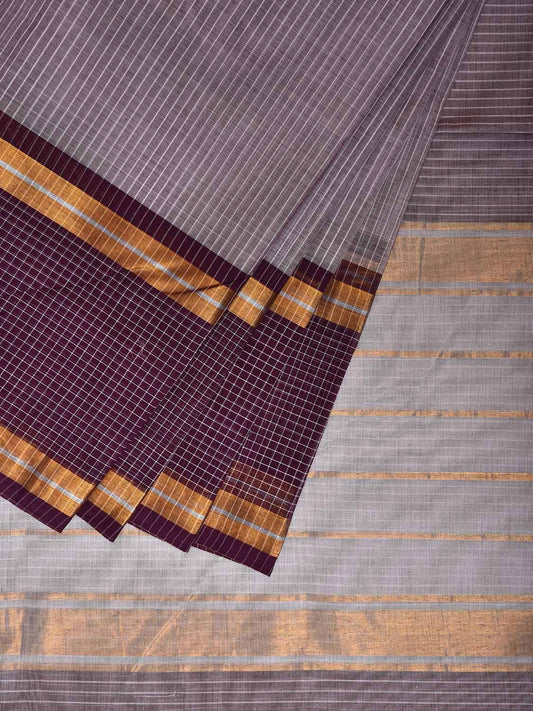 Wine and Grey Venkatagiri Cotton Saree with Strips and Checks Border Design No Blouse v0110