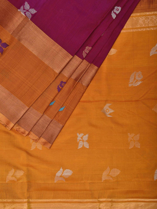 Wine and Mustard Uppada Silk Handloom Saree with Body Buta Design u2308