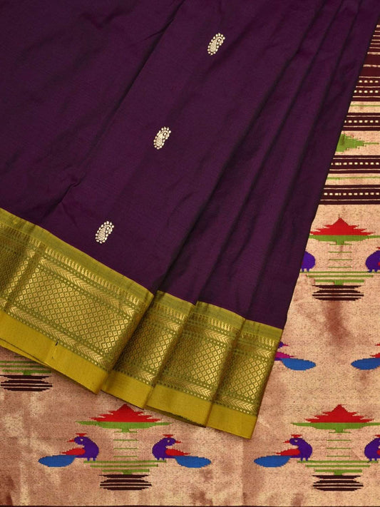 Wine and Olive Paithani Silk Handloom Saree with Double Pallu Design p0395