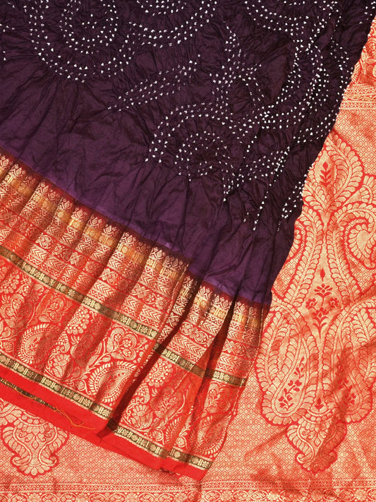 Wine and Red Bandhani Kanchipuram Silk Handloom Saree with Border and Pallu Design bn0410