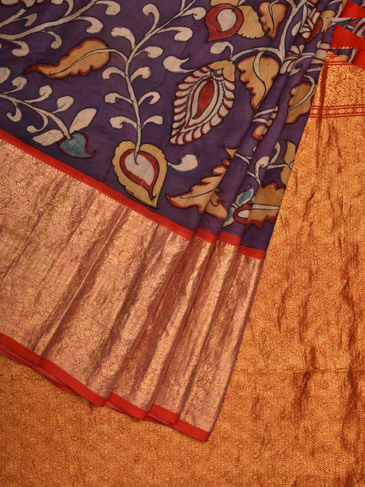 Wine and Red Kalamkari Hand Painted Kanchipuram Silk Handloom Saree with Floral Design KL0625