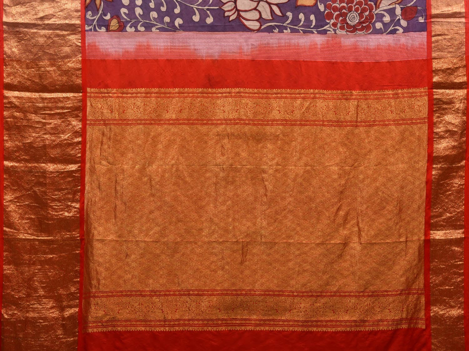 Wine and Red Kalamkari Hand Painted Kanchipuram Silk Handloom Saree with Floral Design KL0625