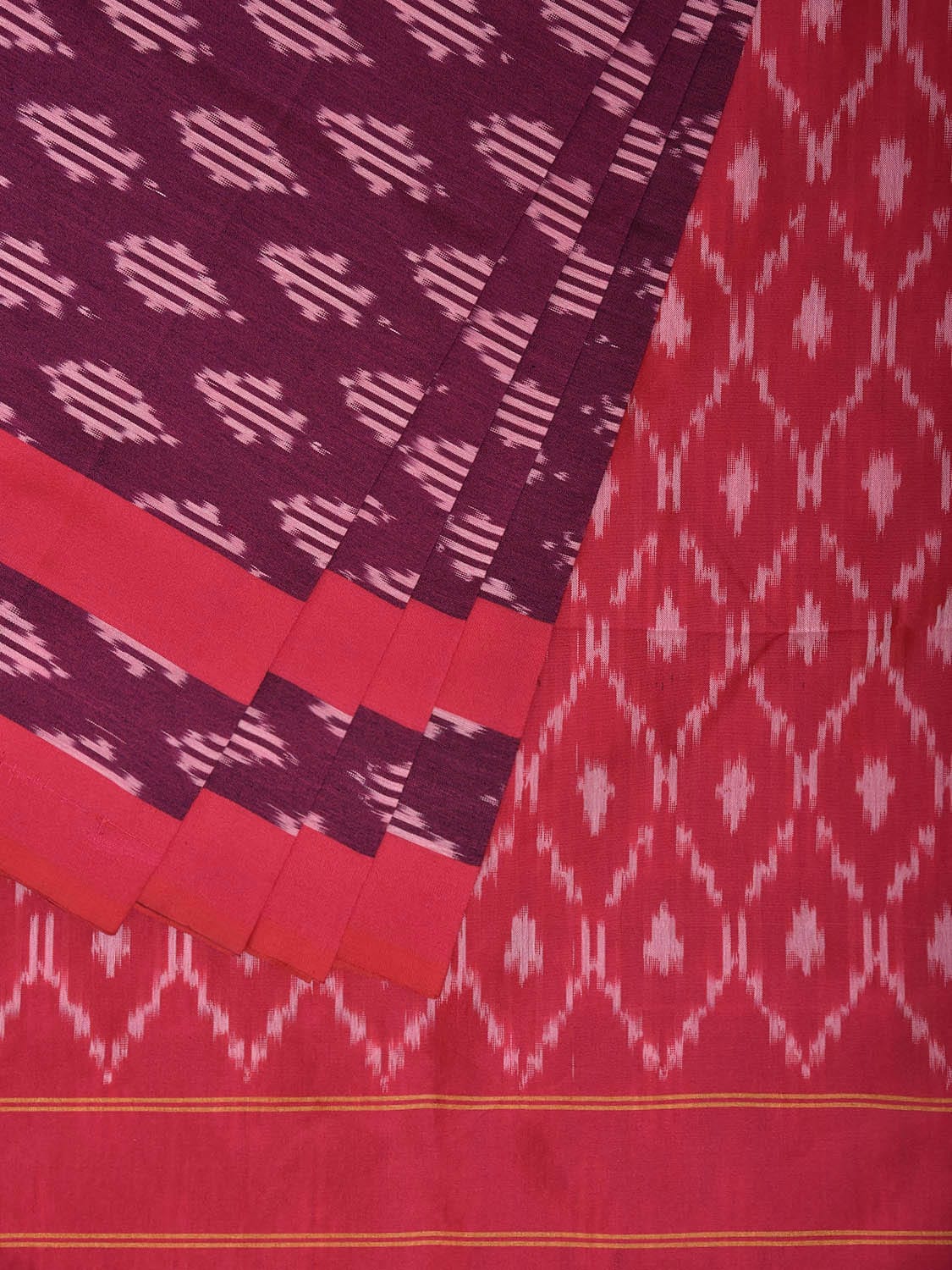 Wine and Red Pochampally Ikat Cotton Handloom Saree with All Over Buta Design No Blouse i0979