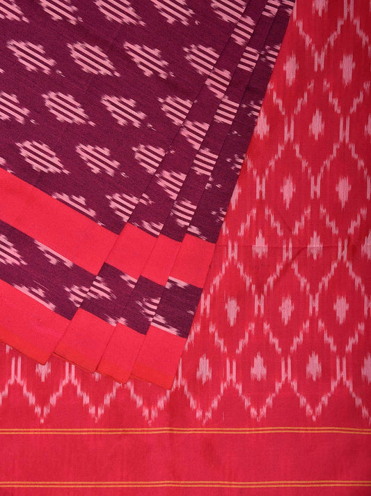 Wine and Red Pochampally Ikat Cotton Handloom Saree with All Over Buta Design No Blouse i0979
