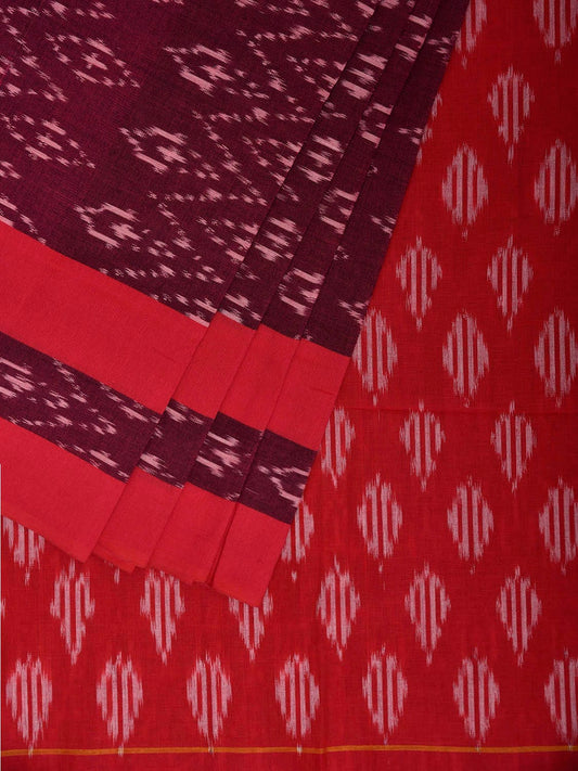 Wine and Red Pochampally Ikat Cotton Handloom Saree with Zig-Zag Design No Blouse i0975