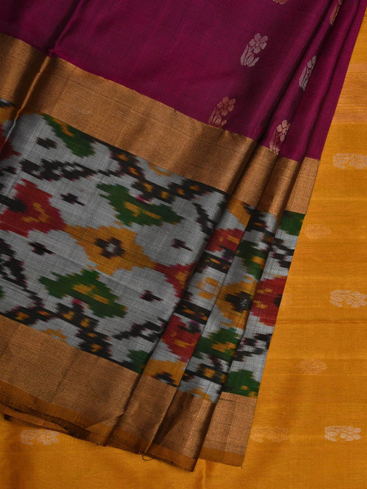 Wine and Yellow Uppada Silk Handloom Saree with Ikat Border Design u1827