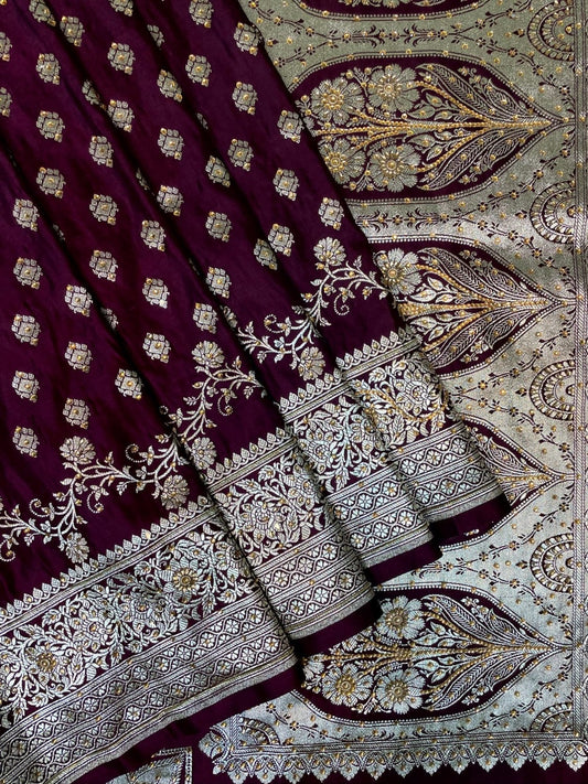Wine Banaras Katan Silk Saree with Body Butti and Stone Work Design b0373ds