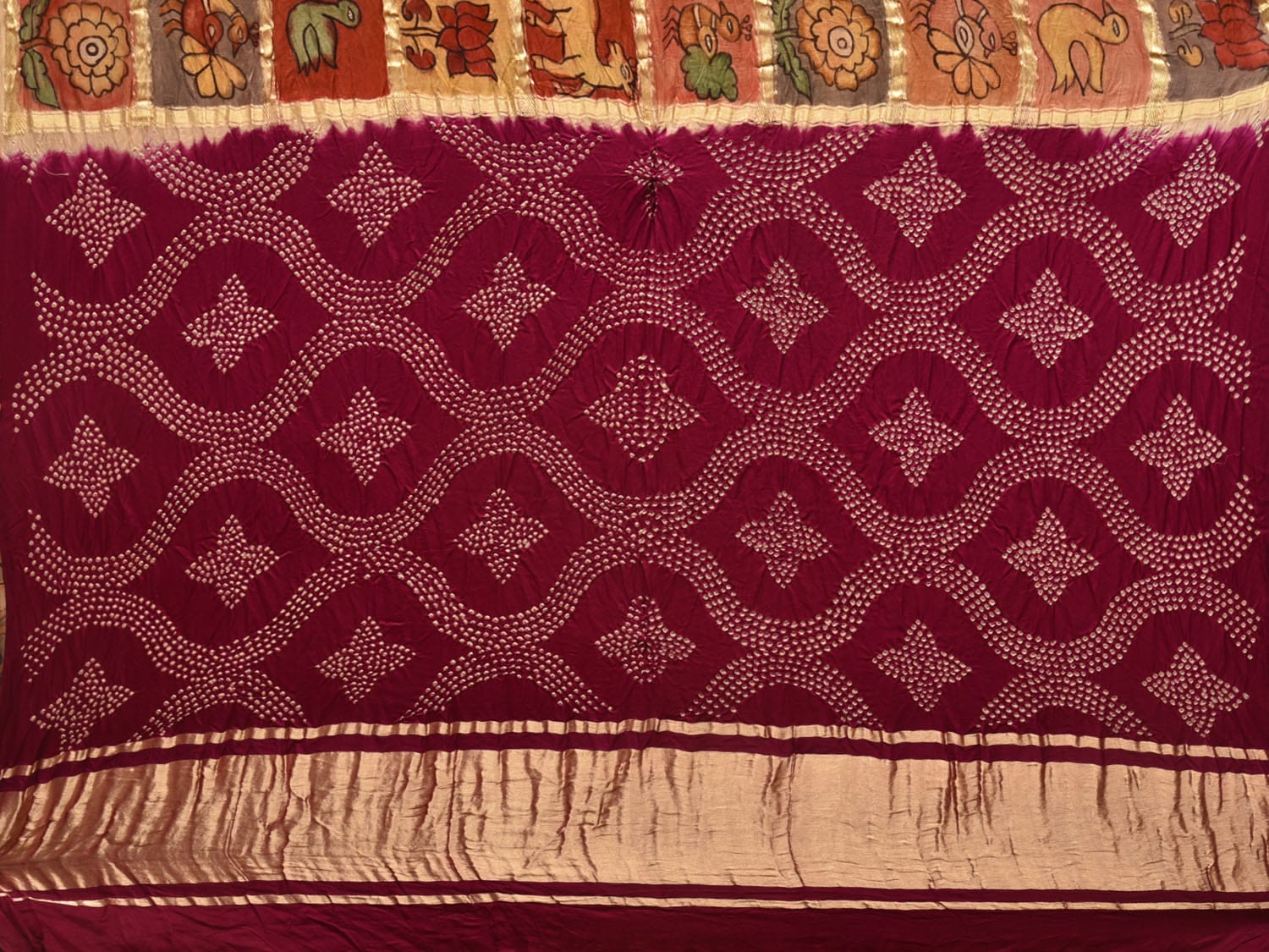 Wine Bandhani Kanchipuram Silk Handloom Saree with All Over Checks and Kalamkari Design bn0485