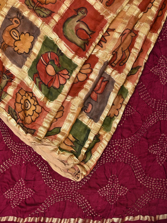 Wine Bandhani Kanchipuram Silk Handloom Saree with All Over Checks and Kalamkari Design bn0485
